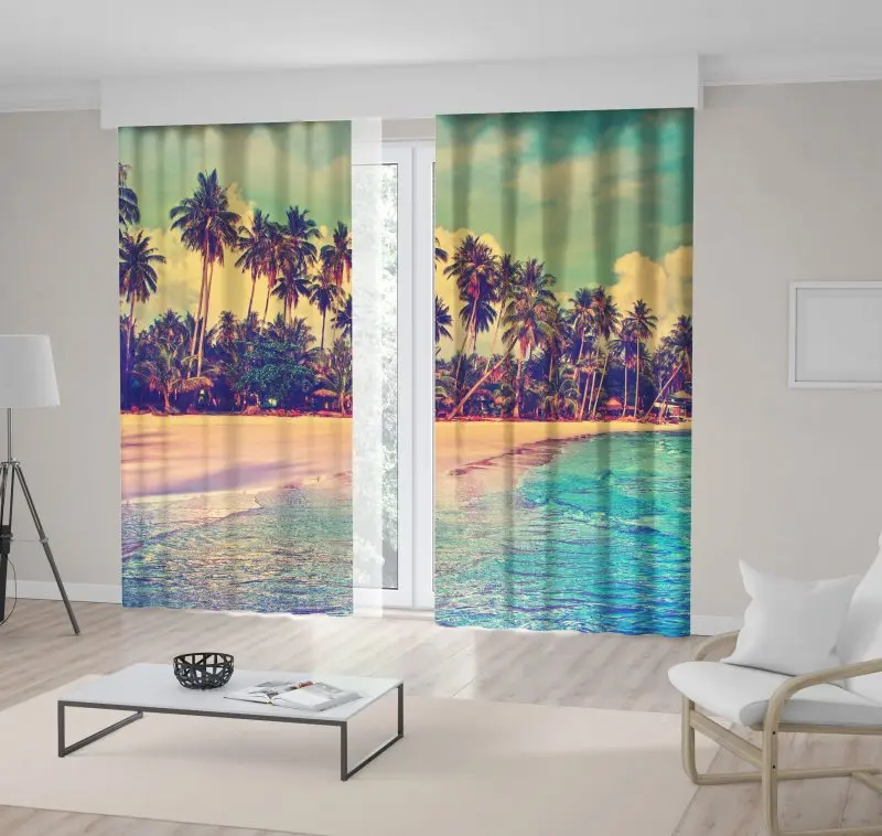 

Curtain Sea and Hotel House Resorts Palm Trees Tropical Beach Clouds on Sky Vintage Style Photo Blue Green
