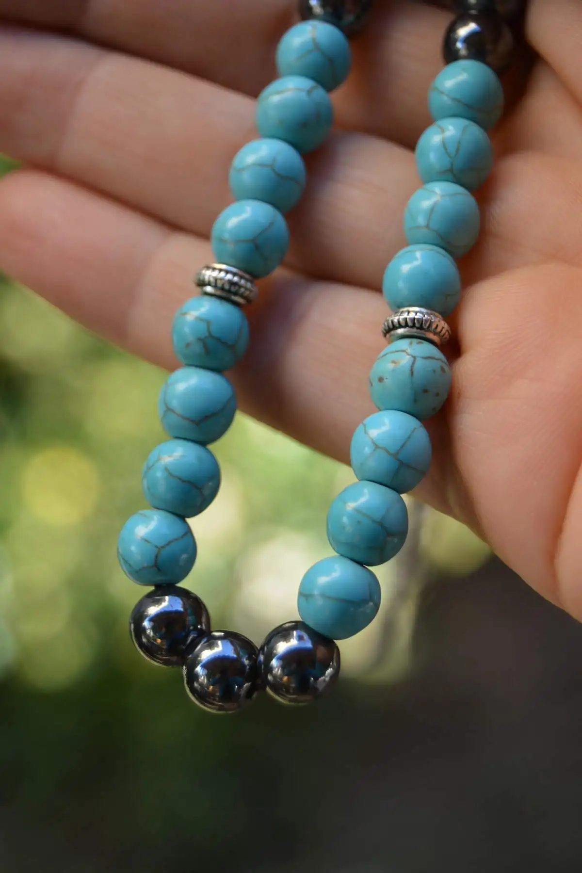 Исламская 33-х зерен Мусульманская молитва Розарий для мужчин Браслет Аксессуары, Бирюзовый и Гематит Натуральный Камень, Ручная работа.