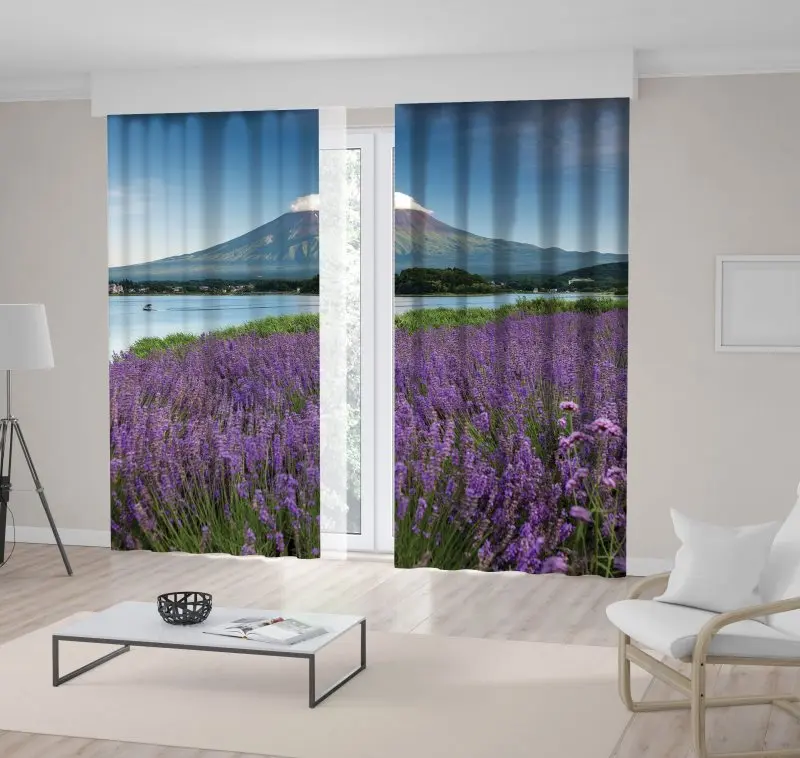 

Curtain Mount Fuji Lacquer kawaguchiko and Lavenders Summer Nature Japan Landmark Countryside View Blue Purple Green