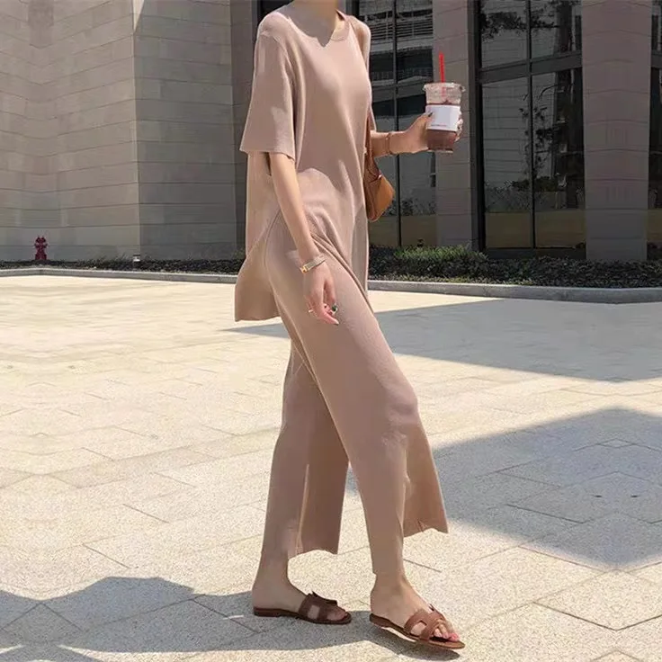 

Trouser Suits Two Piece Set Soft Women's Knitwear 2021 Summer New Pullover Top + Wide Led Pant Casual