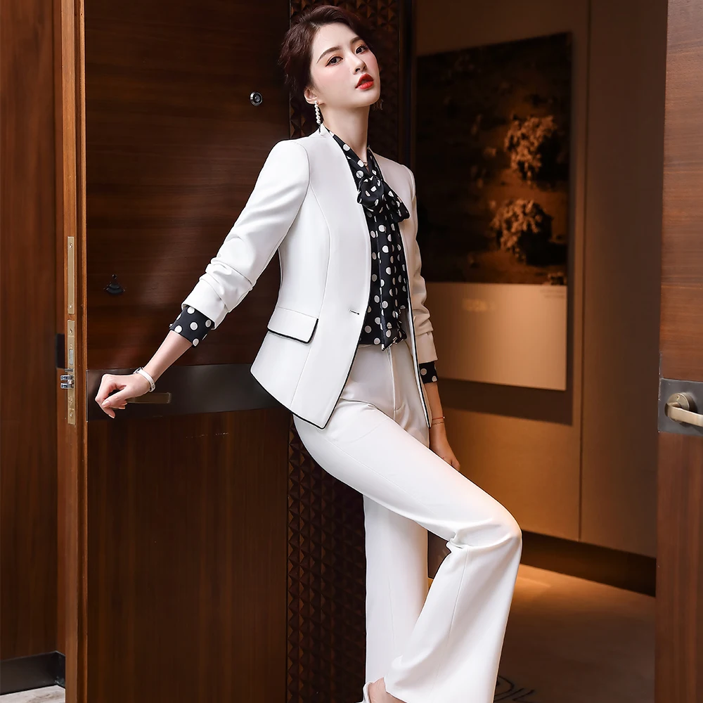 

women fashion pant suit black white solid slim V-neck Office Lady 2 piece set blazer suit new jackets and wide leg pant