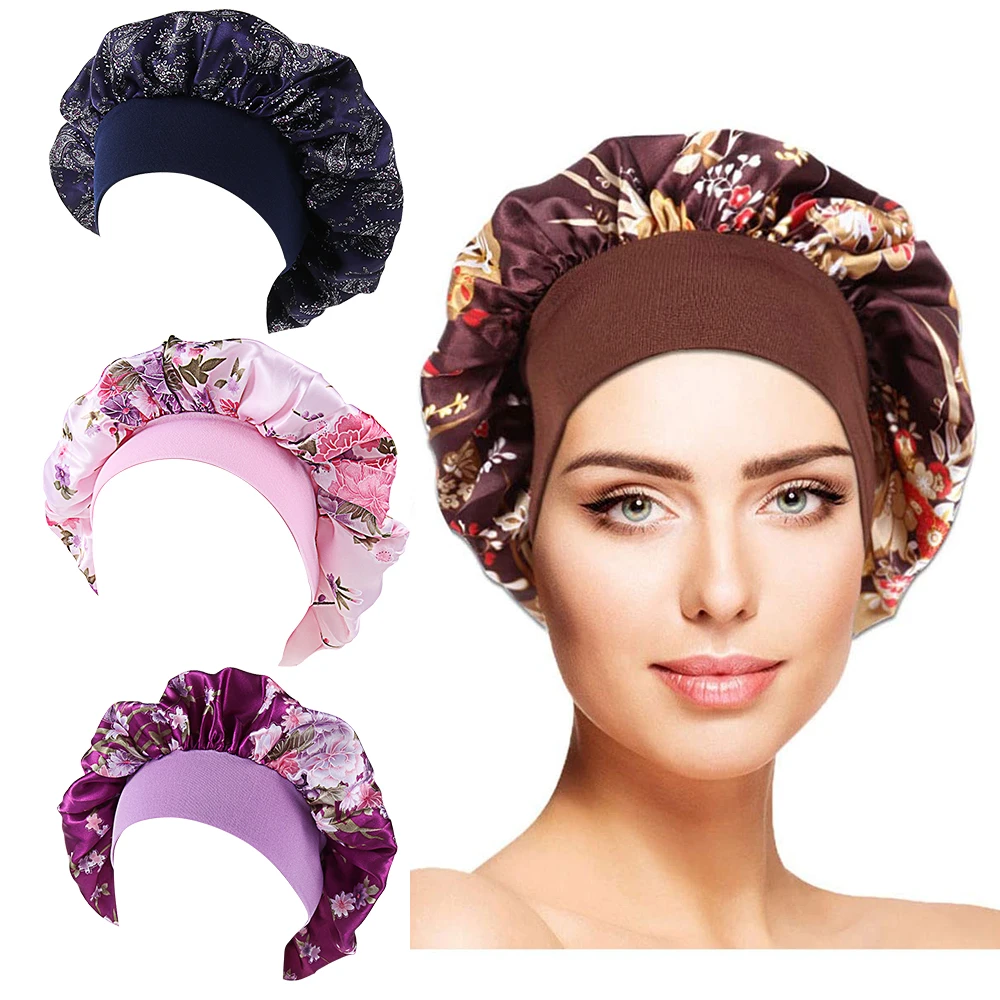 

1 Pc Soft Satin Bonnet Night Sleep Hat Women Elastic Wide Band Fashion Hair Loss Cover Head Wrap Satin Bonnet