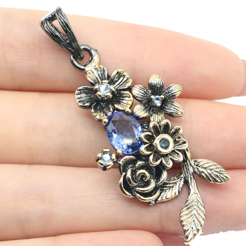 56x26 мм в богемном стиле с цветочным принтом 9,6 г винтажный созданный насыщенный синий фиолетовый танзанит для женщин черный кулон из золота и серебра привлекающие внимания