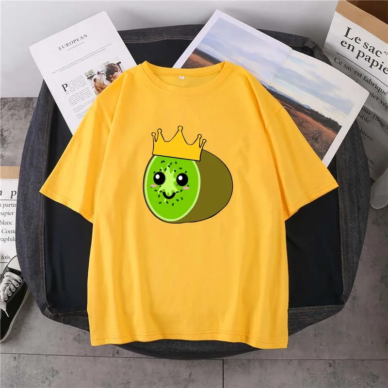 

2021 Summer New Product Crown Kiwi Print Short Sleeve Unisex Cotton Round Neck 14 Color T-Shirt Cute Fruit Daily Simple Top