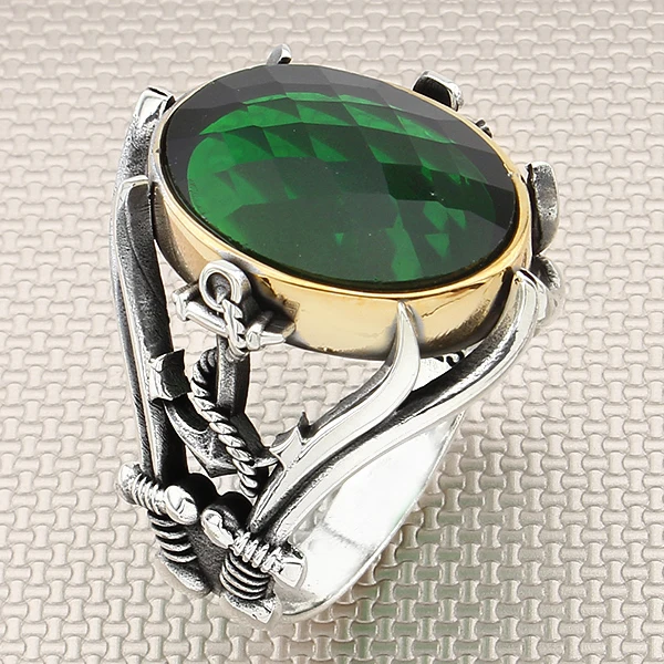 

Sword Pattern Sailor Anchor Green Zircon Gemstone Men 925 Sterling Silver Ring Jewellery Handmade Gemstone Men Ring Jewelry