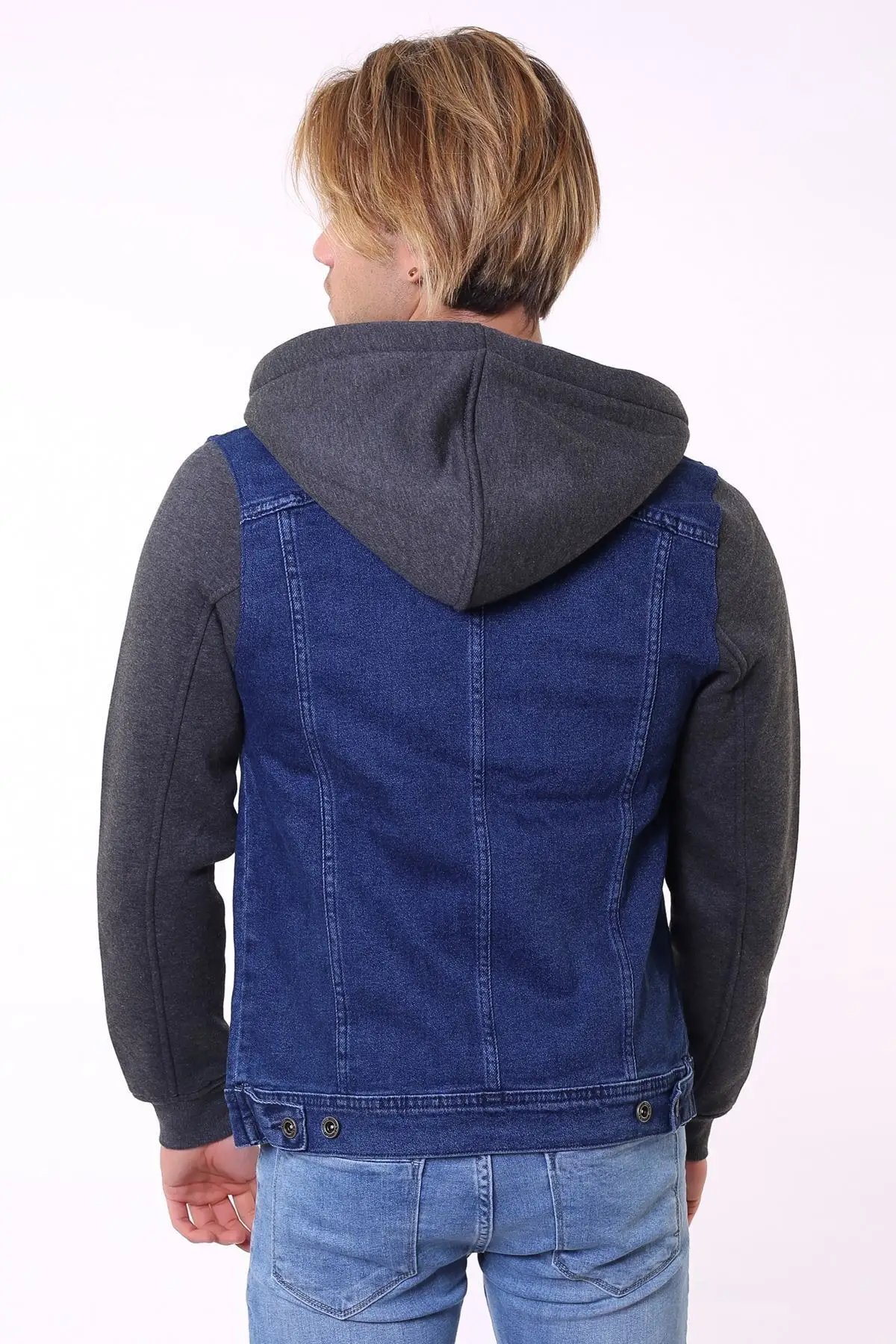 

Man Navy BLue Hooked Denim Jacket Casual Slim Outwear Windbreaker Denim Jackets Fashion Men Fleece Thick Warm Jeans