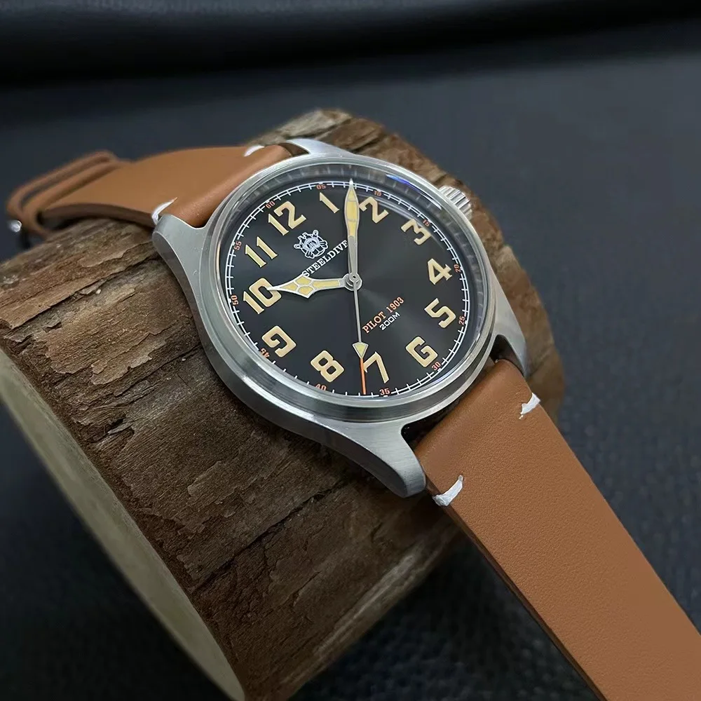 Часы-авиаторы Steeldive 39 мм кварцевый механизм военный простой модный стиль кожаный