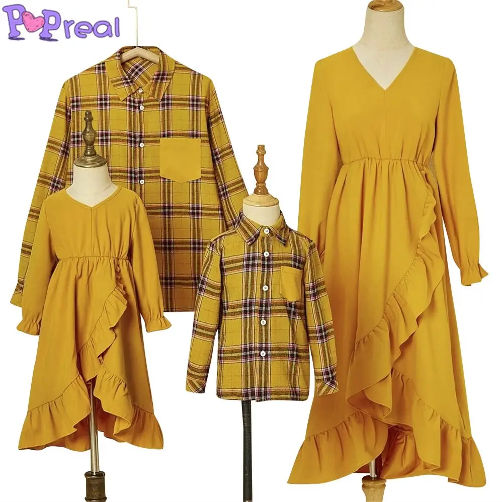 

PopReal Mother And Daughter Dress Lrregular Hem Dress Plaid Print Father And Son Shirt Family Clothing Set Parent-Child Outfit