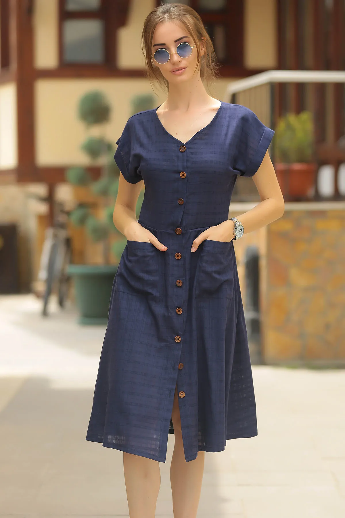 Женское платье на пуговицах Armonika темно-синее с карманом спереди ARM-18Y001138 | Женская