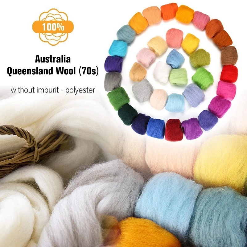 10g Felting Wool (40 Colors) 19 Microns Super Soft Natural Fiber Value Pack for Needle Kit 0.35 OZ Per Color | Дом и сад