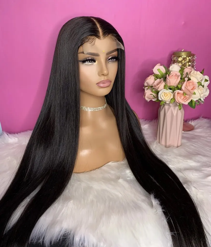 13x3 Straight Long 26inch Black Half Hand Tied Heat Resistant Synthetic Lace Front Wigs 1B Color Big Lace Wig Full Head Long