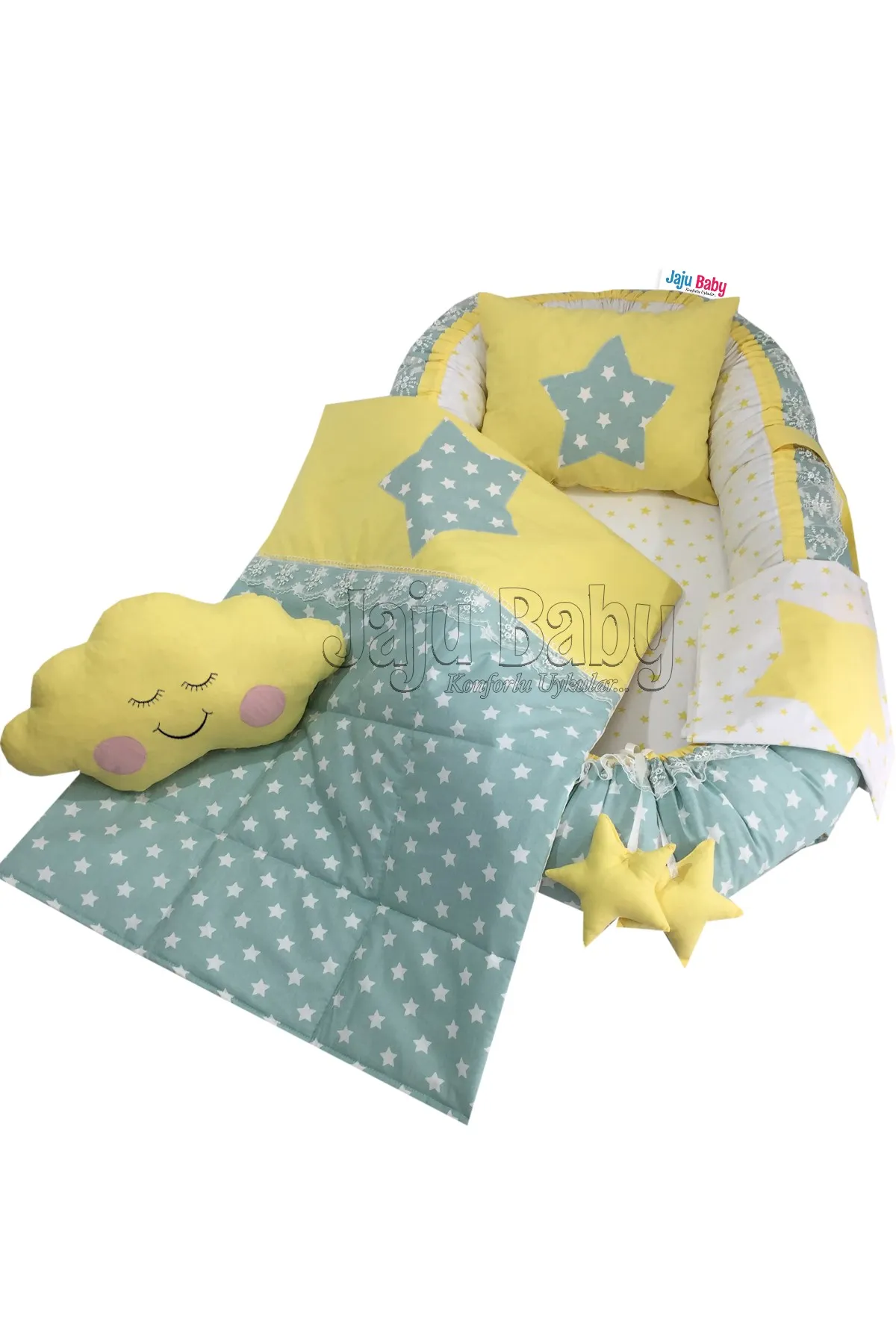 Jaju Baby Handmade Green-Yellow Star Orthopedic Lux Design Babynest Star Set of 5, Nursing Apron GIFT! Mother Side Portable Bed
