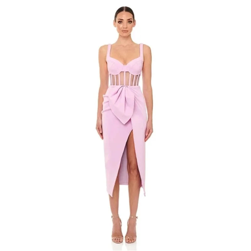 

Free Shipping Summer Women Pink Sexy Spaghetti Strap V-Neck Backless Slim Split Bandage Dress Celebrity Fashion Cocktail Party D