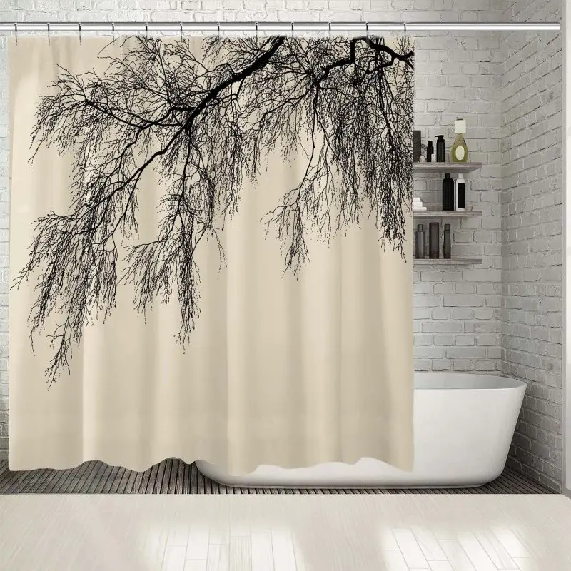 Занавеска для душа Высокая береза старые ветви силуэт лес природа бежевый и