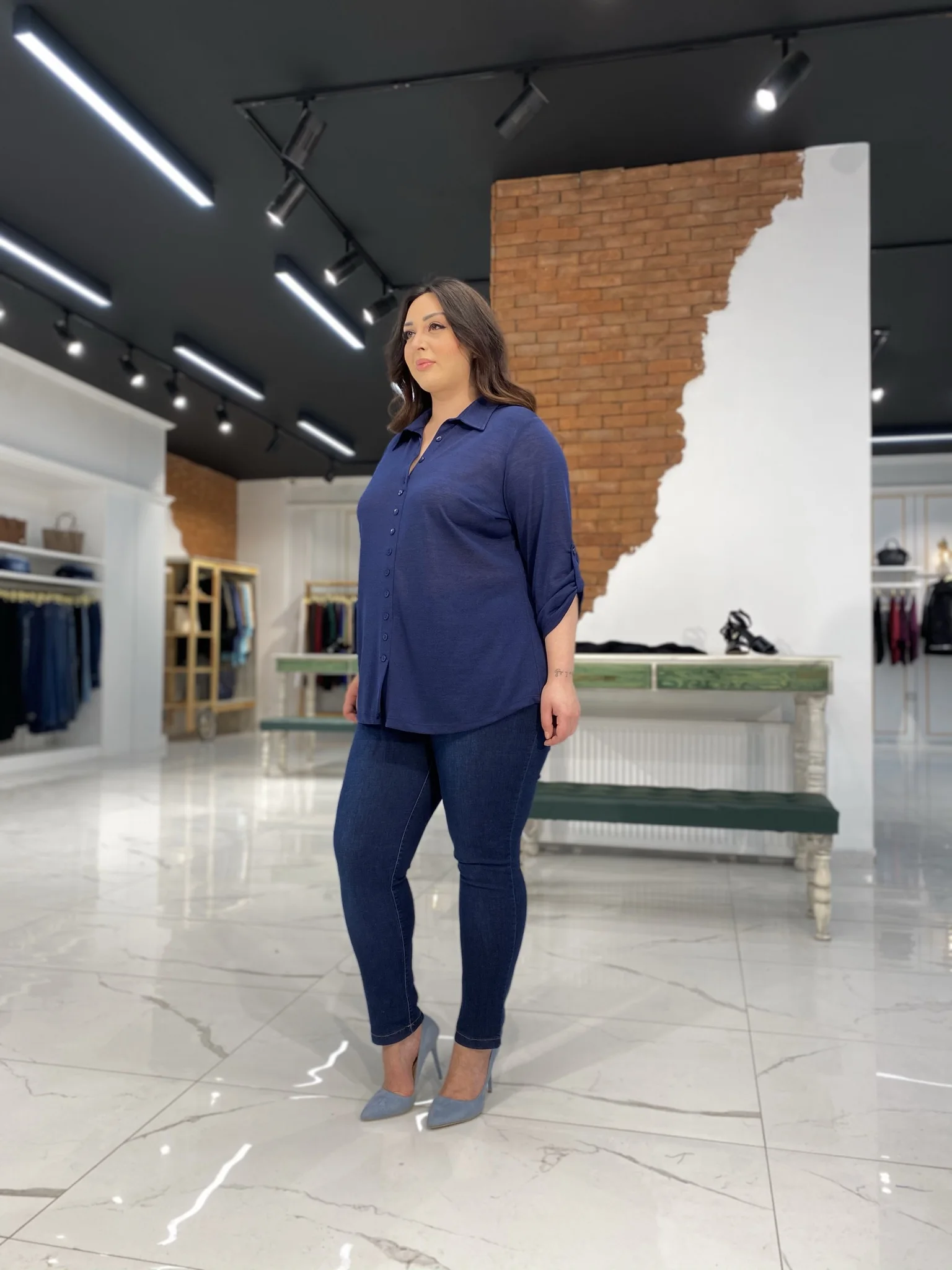 

Roxxlen Women Spring Summer Plus Size Navy Blue Knitwear Blouse Comfortable Spacious Knitwear Fabric