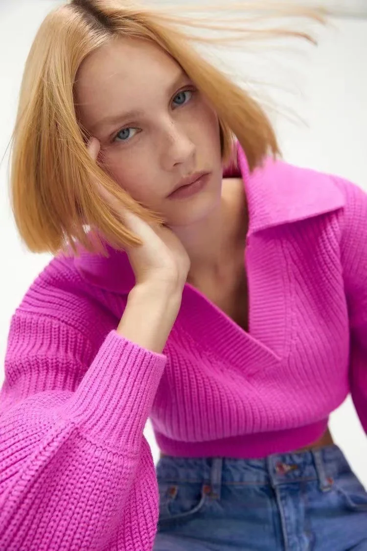 

KPYTOMOA Women Fashion Cropped Knit Sweater Vintage Johnny Collar Lantern Sleeve Female Pullovers Chic Tops