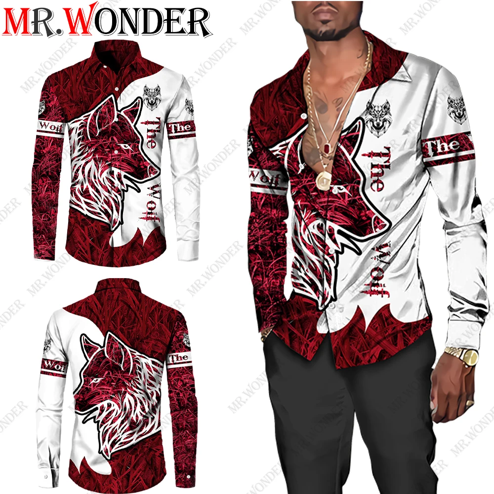 

Мужская пляжная рубашка на пуговицах Mr.Wonder Wolf с 3D принтом, гавайская 3D Рубашка с длинными рукавами и животными, уличная одежда