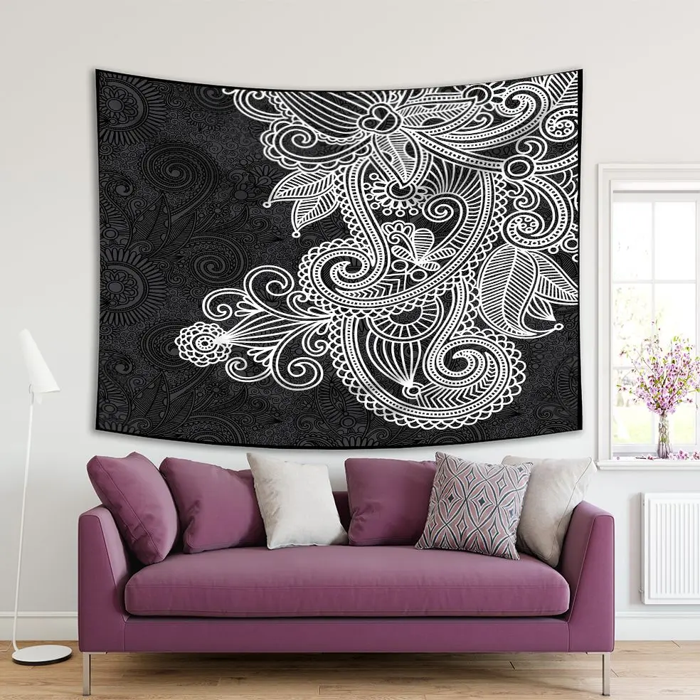 

Tapestry Flowers Leaves Paisley Pattern on Grey Background Vintage Floral Artwork Printed Black White