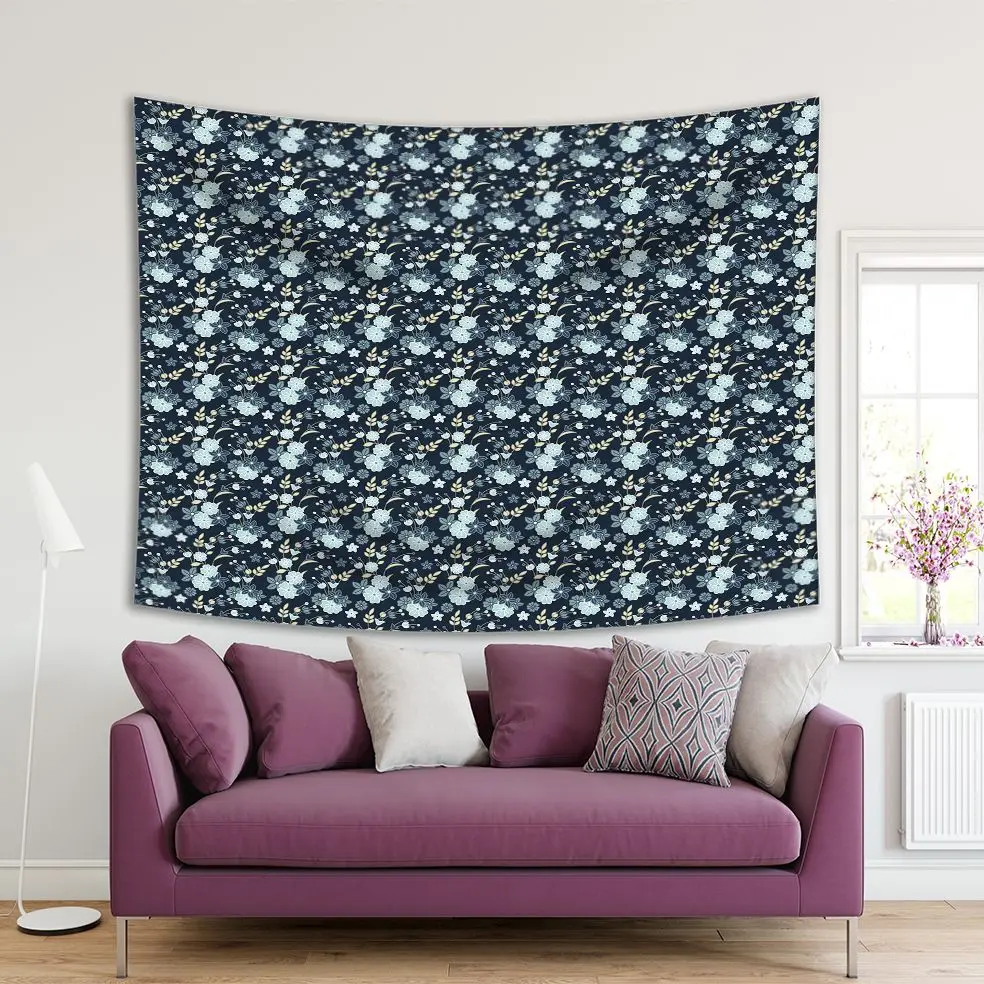 

Tapestry Wildflowers Leaves Bouquet Summer Countryside Decorative Pattern Dark Blue and Beige Floral Print
