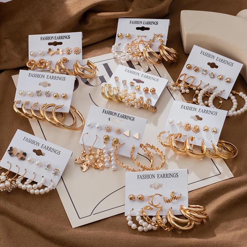 Модные геометрические женские серьги в комплекте золотые серьги-кольца для