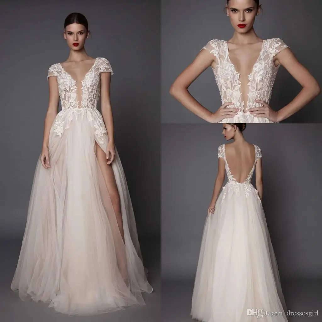 

Lover Kiss Hot A Line Wedding Dresses Deep V Neck Tulle Side Split Cap Sleeve Cheap Bridal Beach Open Back Berta Wedding Gowns
