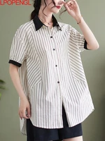 summer 2022 new fashion color contrast turn down collar patchwork striped shirt ladies casual short sleeved loose shirt trend