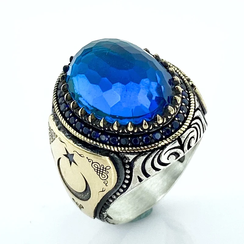Safir Mavi Topaz Taş Süleyman Mührü Davut yildızi Gümüş Yüzük | Украшения и аксессуары