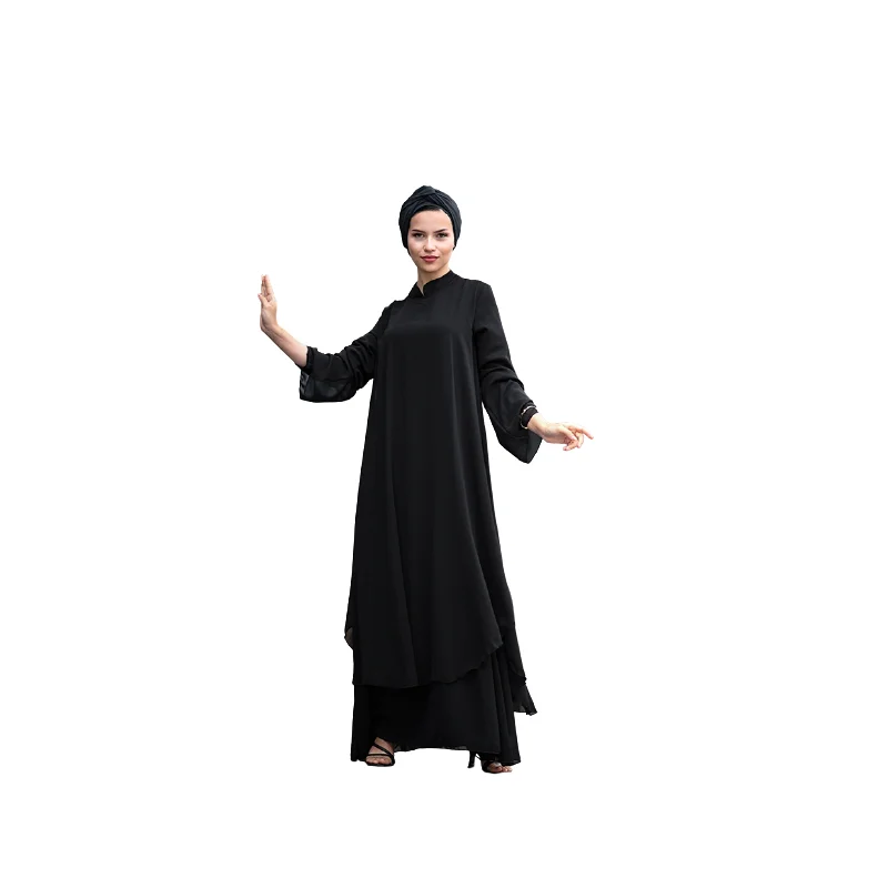 

Women's chiffon dress long belted crew neck elegant draping design, double layer chiffon hijab dress Muslim fashion Islamic clothing