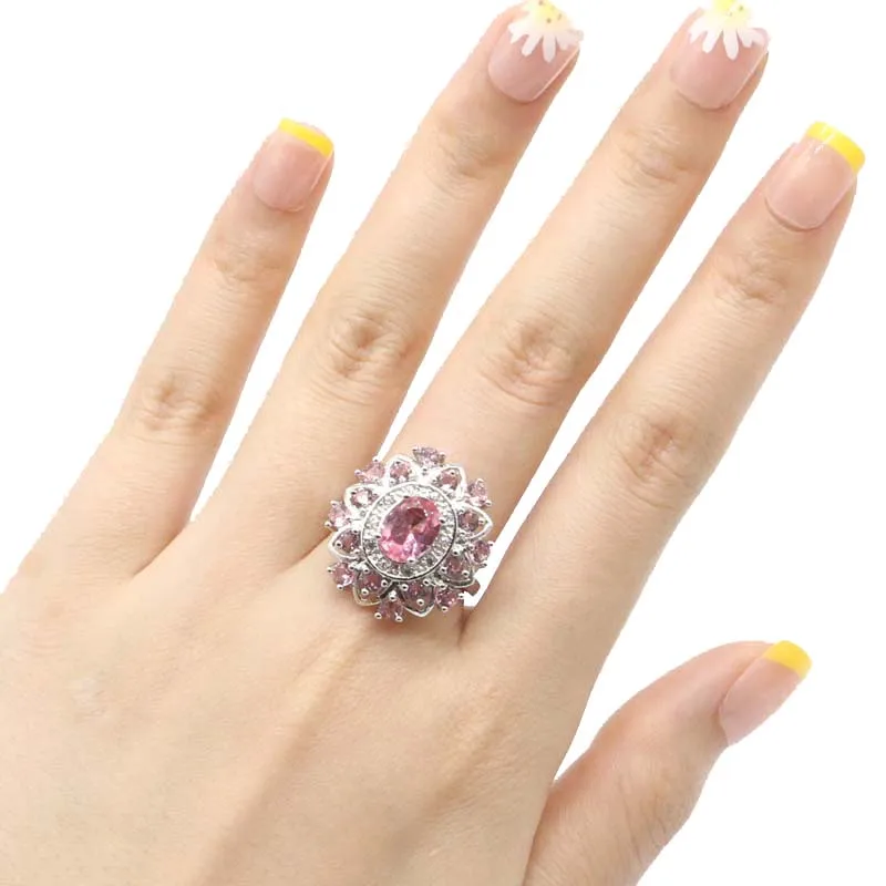 

23x21mm SheCrown 5.3g Romantic Pink Morganites CZ Women Birthday Gift 925 Sterling Silver Rings