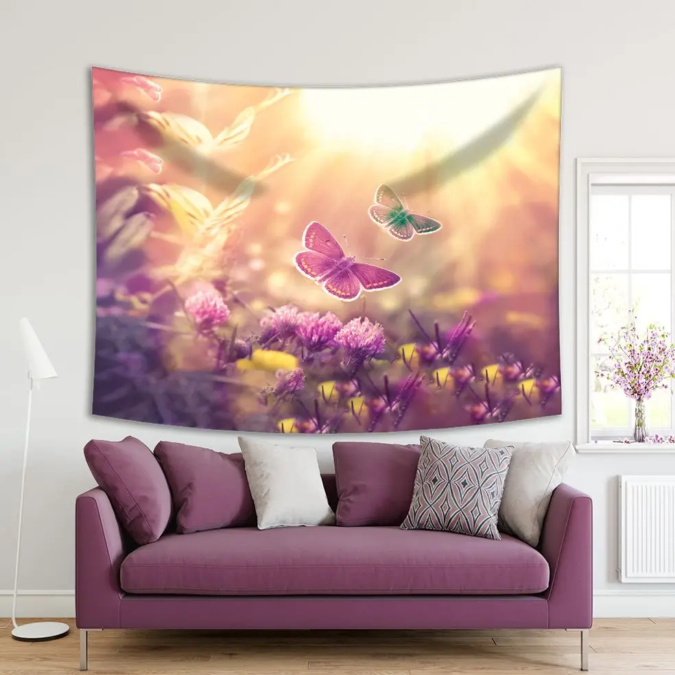 

Tapestry Butterfly Flying Over Clover Flowers Summer Meadow Nature Sunny Day Wild Life Romantic View printed Purple Yellow