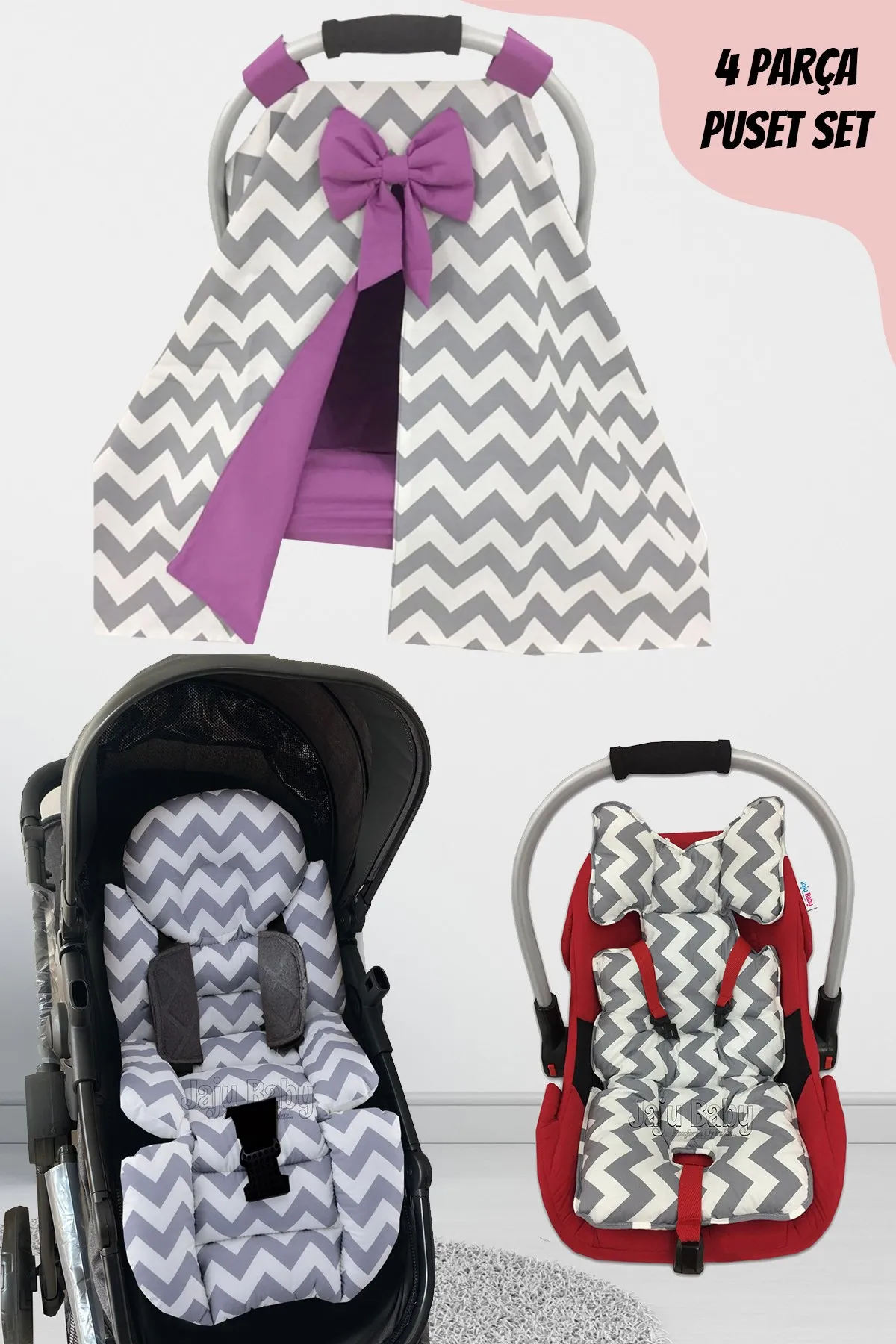 Jaju Baby Handmade, Gray Zigzag Purple 4-Piece Stroller Set (With Handle)