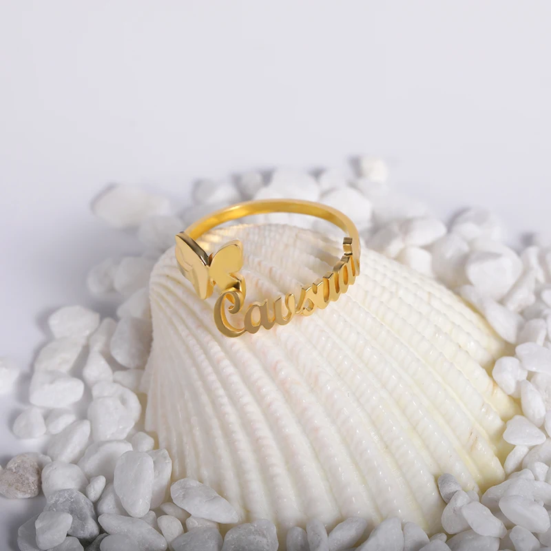 

Butterfly Personalized Name Rings For Women Boho Jewelry Stainless Steel Custom Letter Rings Mom Gifts Anillos Mujer