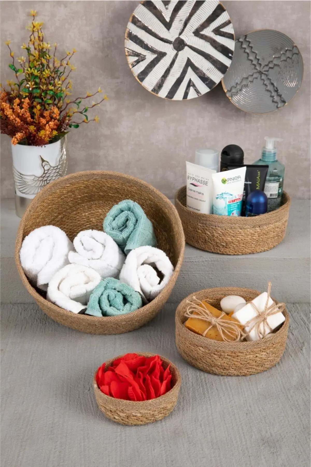 

Natural Round Beige Striped Wicker Basket Luxury Organizer 4 Sizes Bathroom And Home Decor
