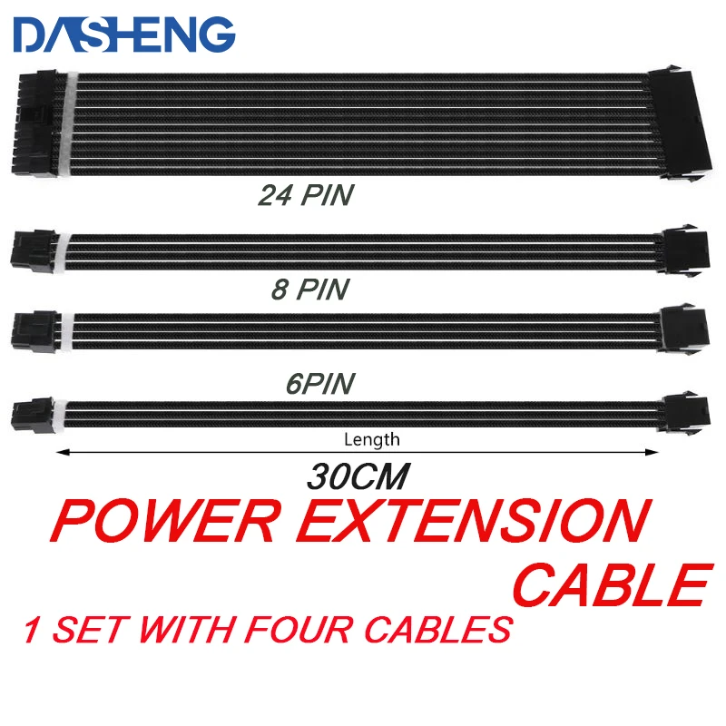 

1 Set 30cm ATX Basic Power Extension Cable Kit 18 AWG 6 Pin 8 Pin 24 Pin Sleeving Power Supply Cables Computer Cord