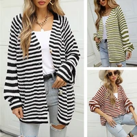 womens v neck striped long cardigan sweater casual knit button long sleeve cardigan jacket sweater coat thick rope knit