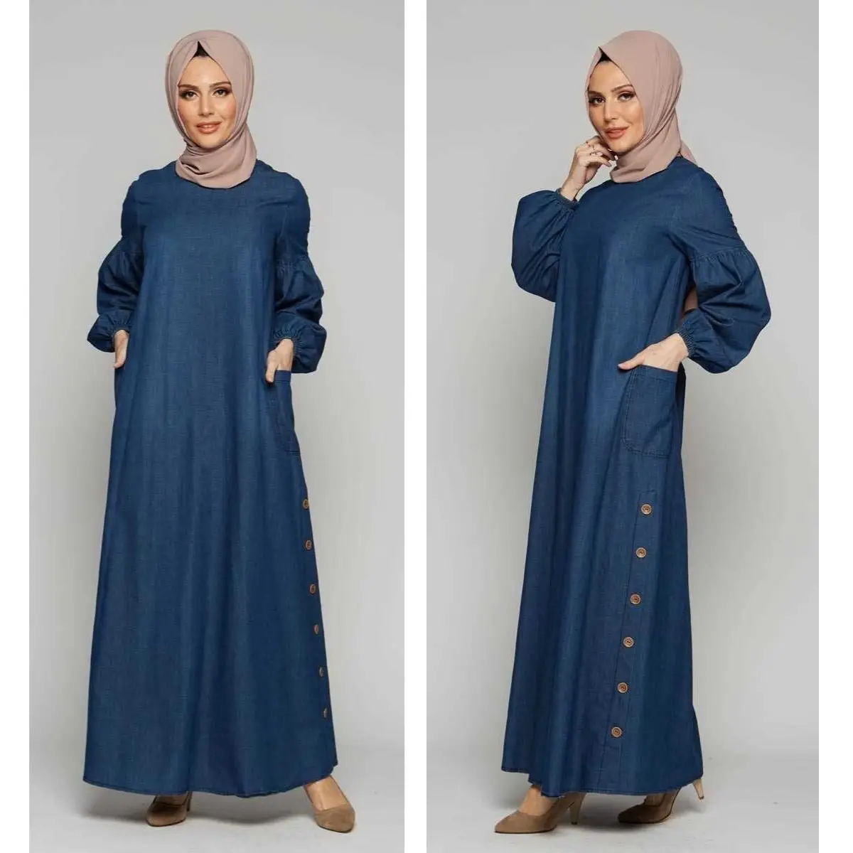 Balloon Sleeve Denim Dress Side Buttoned Zero Collar Pocket Seasonal Women Muslim Fashion Hijab Turkey  Istanbul  Islamic Casual