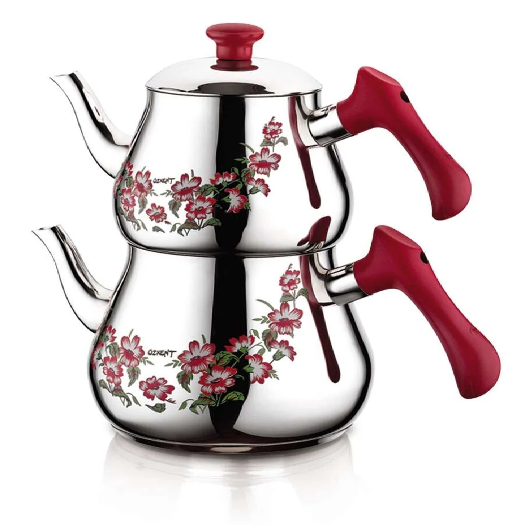 

Teapot Stainless Steel For Turkish Tea Medium Size Patterned Red 18/10 Cr * Ni Made in Turkey