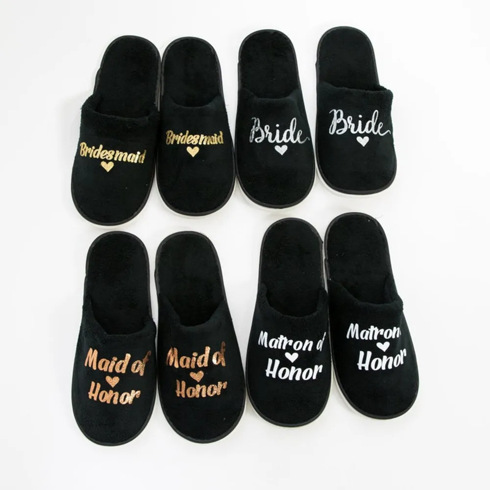 

Customized Bride Groom Groomsman Bridesmaid So cool Black Slippers Rose gold Foil silver title Wedding Bridal shower Slippers