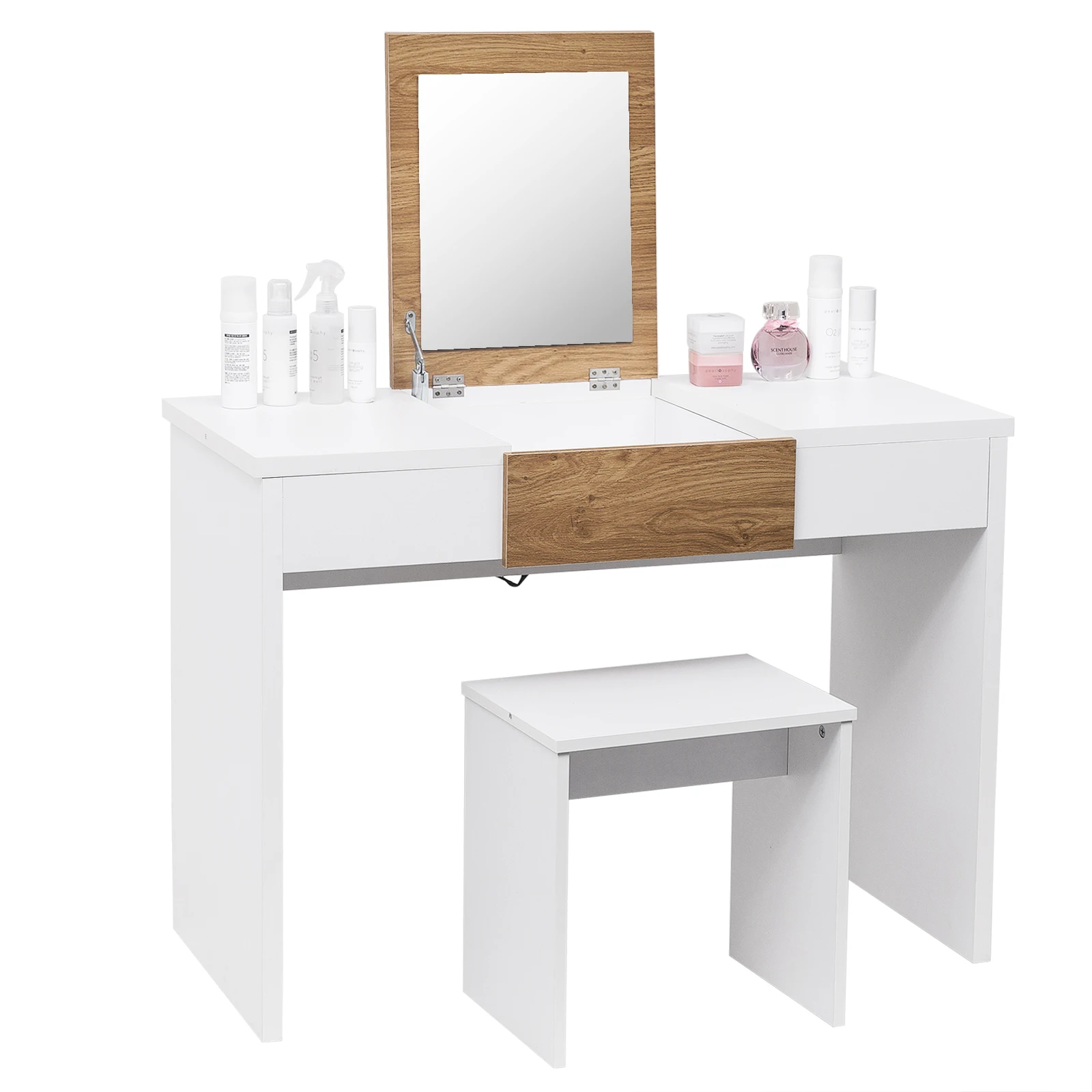 

WOLTU White Oak Dressing Table with a Foldable Mirror Makeup Cosmetic Table Vanity Table Bedroom Dresser Set with Dressing Stool
