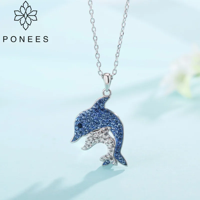 

PONEES Cute Rhodium Plated Double Dolphin Necklace Full Of Rhinestone Fashion Jewelry For Women Gift