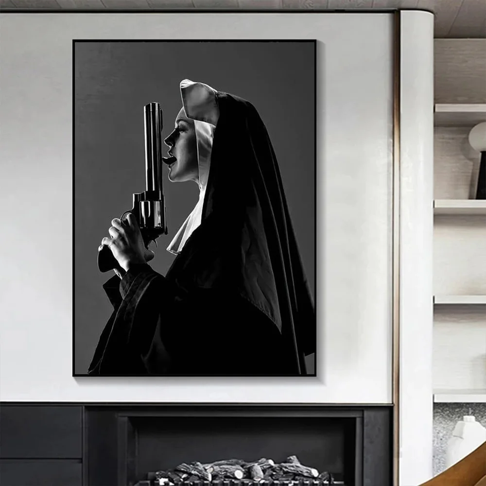 

Modern Cool Nun Killer Canvas Painting Nordic Pop Black and White Poster and Print Picture for Living Room Wall Art Home Decor