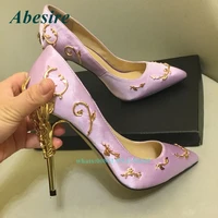 2022 new pink silk forged pointed toe pumps flower metal decor high heels party wedding shoes summer women shoes sexy shallow
