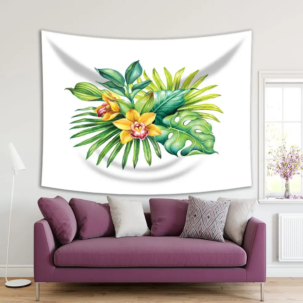 

Tapestry Tropical Bouquet with Big Leaves Orchid Flowers Botanical Watercolor Style Illustration Green Yellow