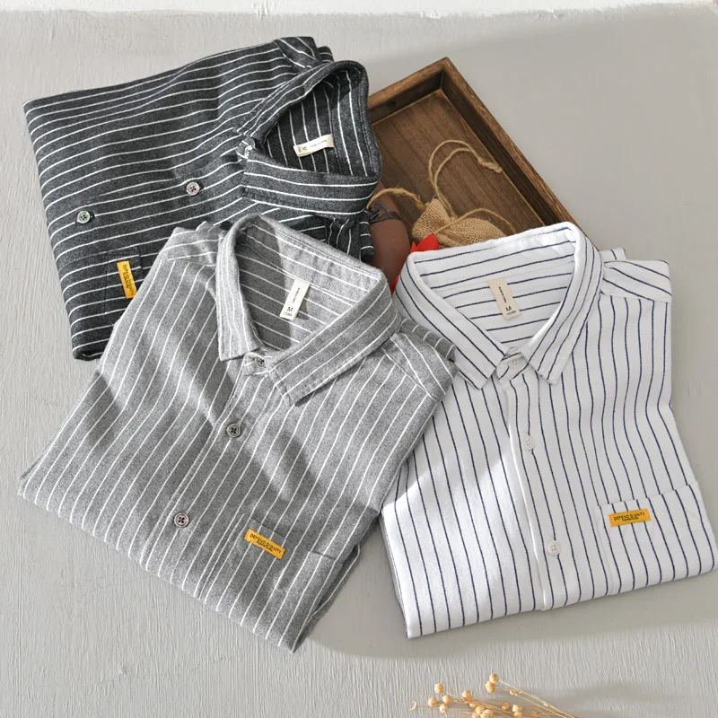 Autumn White striped shirt men long sleeve 100% cotton high quality soft man casual tops one pocket clothing chemise homme 838