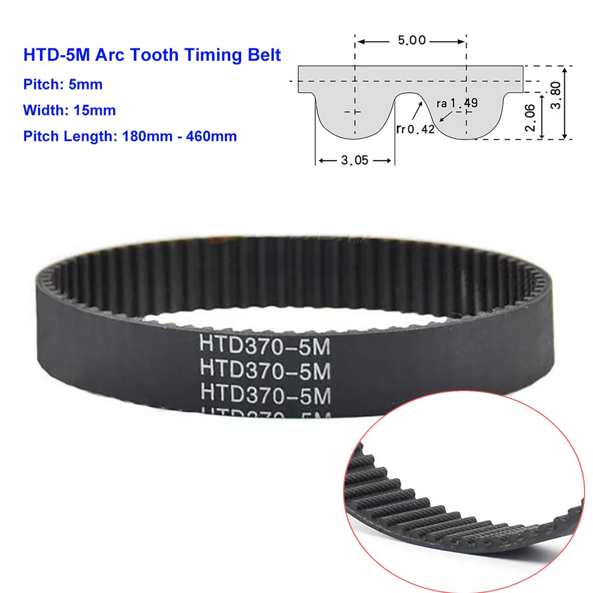 

1Pcs Width 15mm HTD 5M Rubber Arc Tooth Timing Belt Pitch Length 360 365 370 375 380 385 390 395 400 405 410mm Transmission Belt