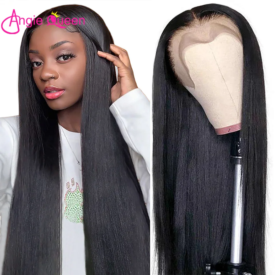 ANGIE QUEEN Straight Lace Frontal Wig 13x4 Lace Front Human Hair Wigs For Women Brazilian Pre Plucked 4x4 Lace Closure Wig