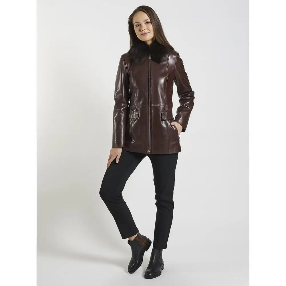 Genuine Sheep Leather Jacket for Women, Black Color Hooded Classic Long Leather Jackets, Leather Goods from Turkey