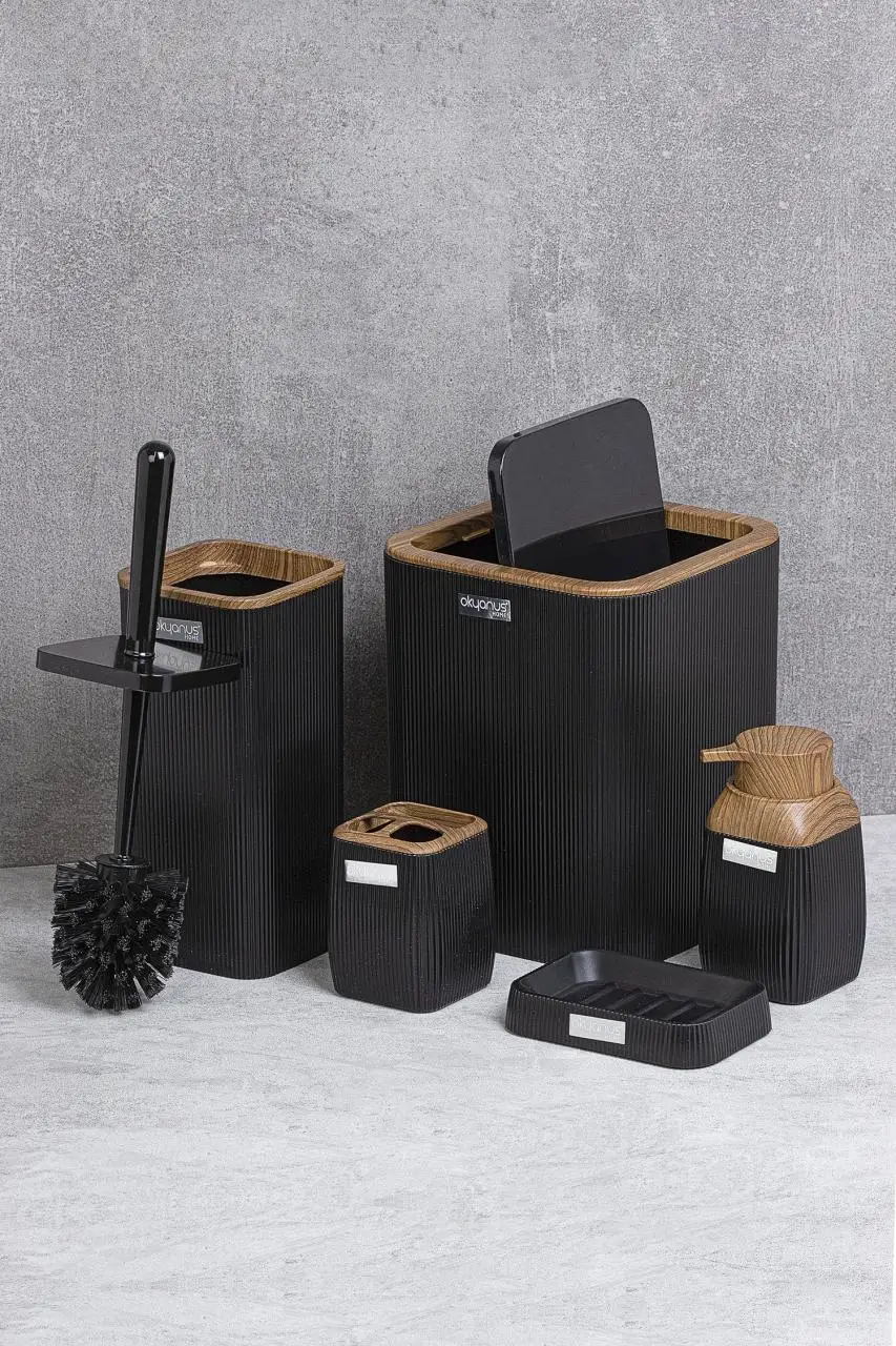 oceanland wooden patterned striped hard plastic 5 piece bathroom set toothbrush holder soap dispenser toilet brush dustbin free global shipping