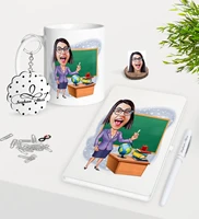 personalized women s teacher caricature of trophy keychain white notebook pen gift seti 1