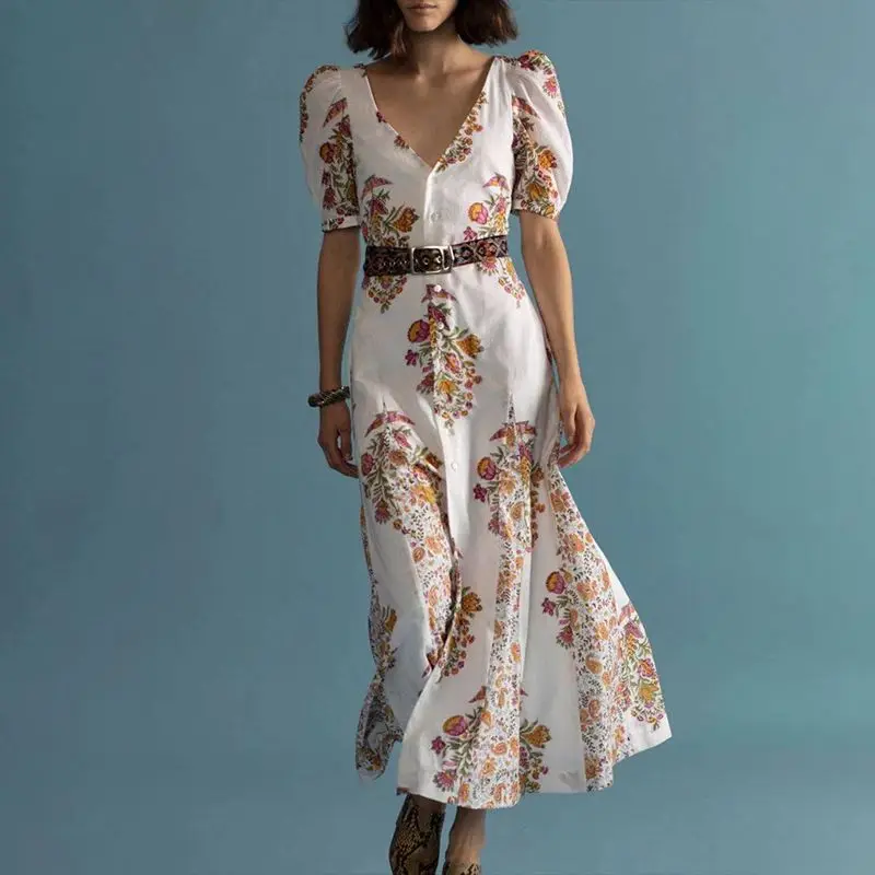 Luxury Flower Print Women Dress Fashion V-Neck Short Sleeve A-Line Dresses K1809